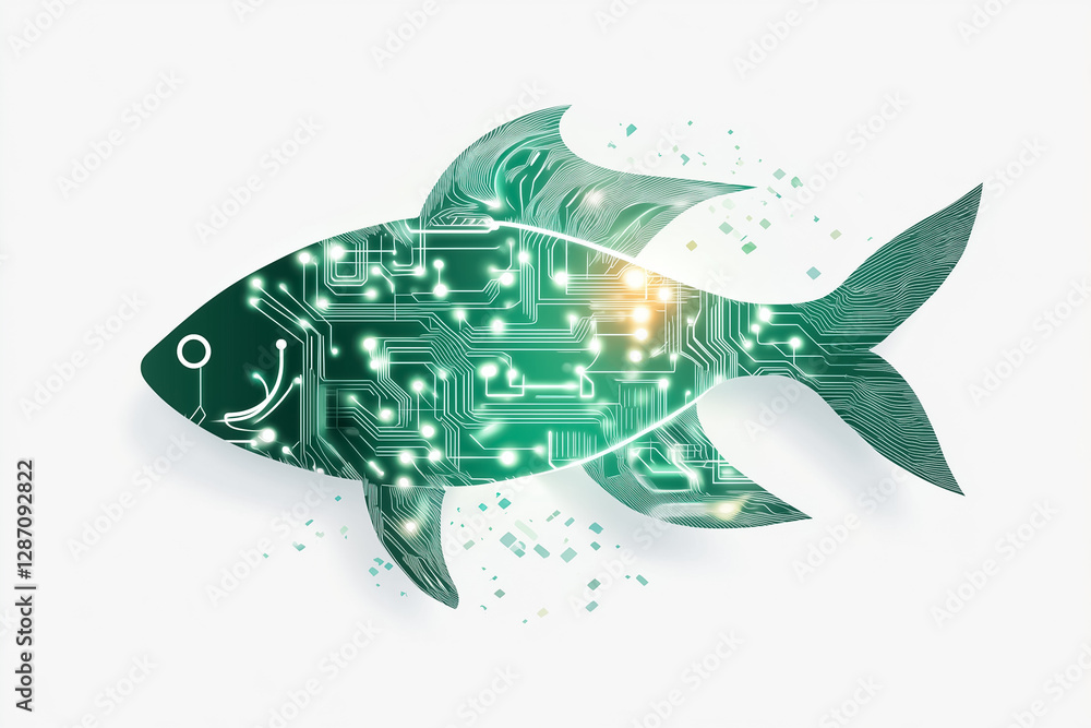 Poster digital fish swims forward featuring intricate circuitry patterns. the bright green design symbolize