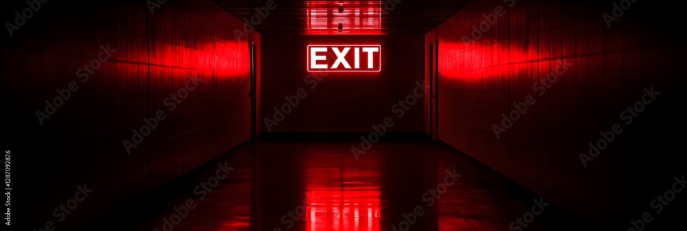 Aufkleber red glowing exit sign in dark corridor with reflection on wet floor. emergency escape route in build
