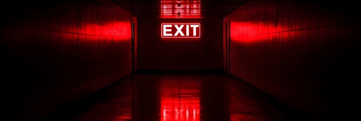 Red glowing exit sign in dark corridor with reflection on wet floor. Emergency escape route in building interior at night. Dramatic perspective of illuminated safety signage