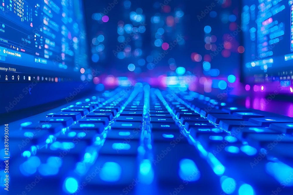 Poster closeup of a glowing keyboard with code displayed on surrounding screens, evoking a sense of latenig