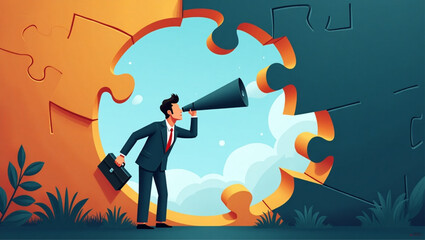 Businessman Looking Through Jigsaw Hole with Telescope for Future Opportunities