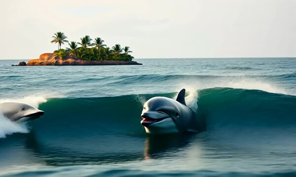A cheerful young gray dolphin jumps out of the water, crashing into the waves with a playful grin, a small island in the open sea in the background. 4k