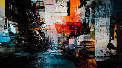 A dystopian painting of a mechanical city where humans and machines have merged into a single entity.