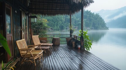 Misty Lake View from Wooden Deck with Bamboo Chairs