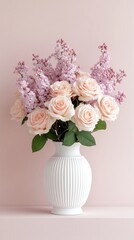 Fototapeta premium A beautiful floral arrangement showcases soft pink roses and delicate lilacs in a white ribbed vase. This vibrant display is perfect for celebrating women's day on March 8 with ample copy space