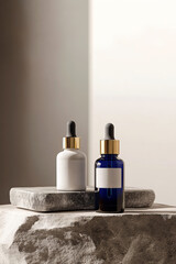 Two dropper bottles, one white and one blue, resting on a marble slab atop a stone, creating a luxurious and natural aesthetic for beauty product presentation