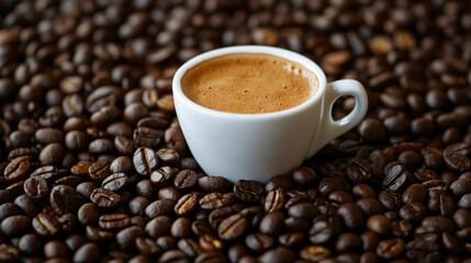 The powerful aroma and attraction of fresh coffee are evoked by the white cup resting on a bed of coffee beans. Perfect for promoting coffee culture, cafes, and coffee takeaway.