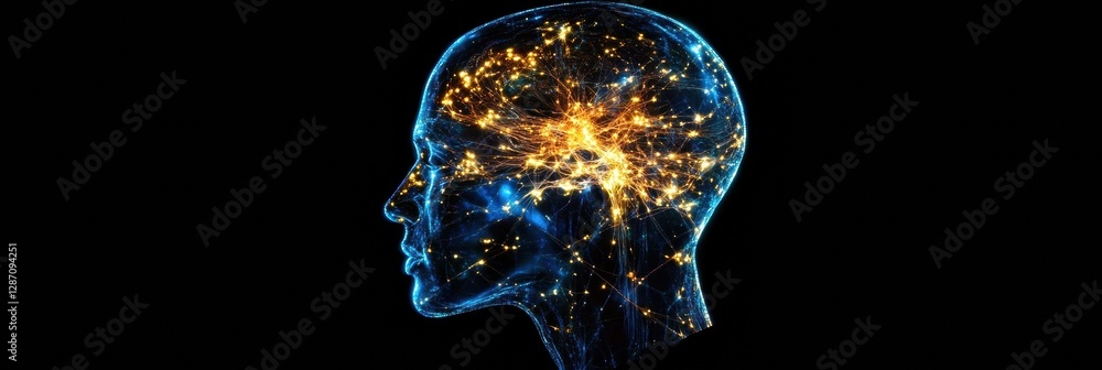 Aufkleber Profile view of a human head showcasing neural connections and glowing synapses representing artificial intelligence. Generative AI