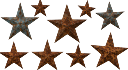 Set Of Old rusty metal stars isolated on transparent background, Stars PNG 