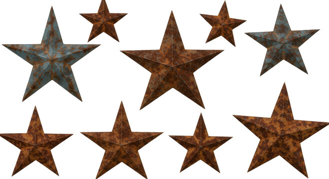 Set Of Old rusty metal stars isolated on transparent background, Stars PNG 