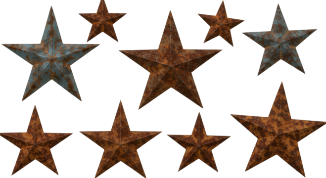 Set Of Old rusty metal stars isolated on transparent background, Stars PNG 