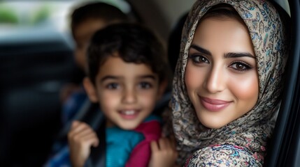 Obraz premium Portrait Of Muslim Mother And Children Inside A Car Smiling During Daytime