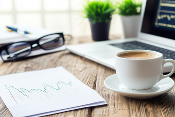 Coffee cup sits on a wooden table alongside financial documents, with a laptop displaying charts and plants in the background. A bright office atmosphere invites productivity
