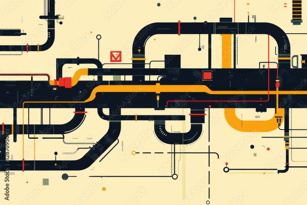 Poster visualization of gas pipeline flow in a minimalist infographic design showcasing intricate routing a