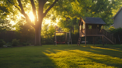A family-friendly rental house with a spacious backyard complete with a treehouse and swing set.