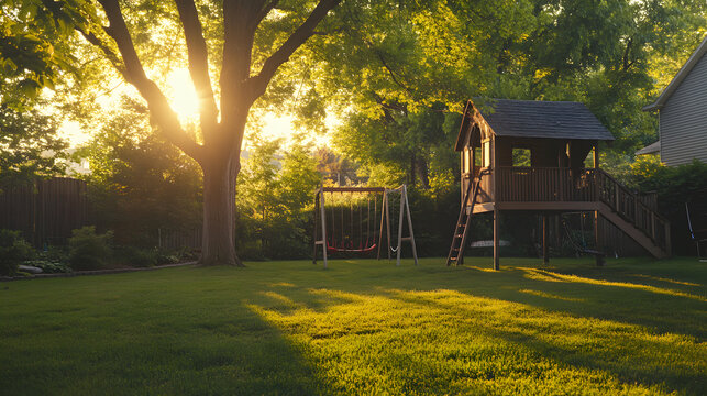 A family-friendly rental house with a spacious backyard complete with a treehouse and swing set.