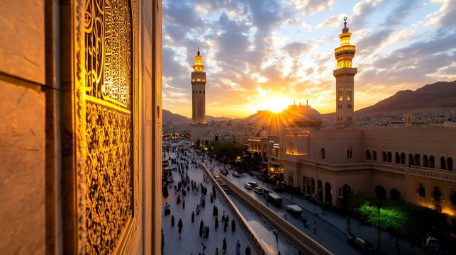 Quba Mosque at sunset, sunset silhouette of a mosque with minaret and sunset background.