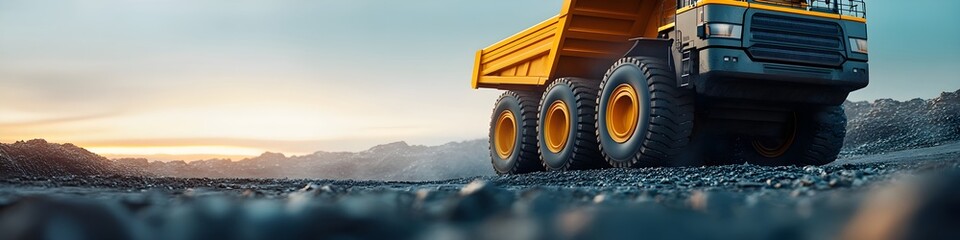 Mining dump truck on rocky terrain at sunset in quarry site. Heavy industrial equipment for mineral extraction and transportation in open pit mine. Wide panoramic view