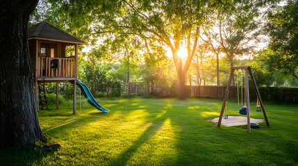 A family-friendly rental house with a spacious backyard complete with a treehouse and swing set.