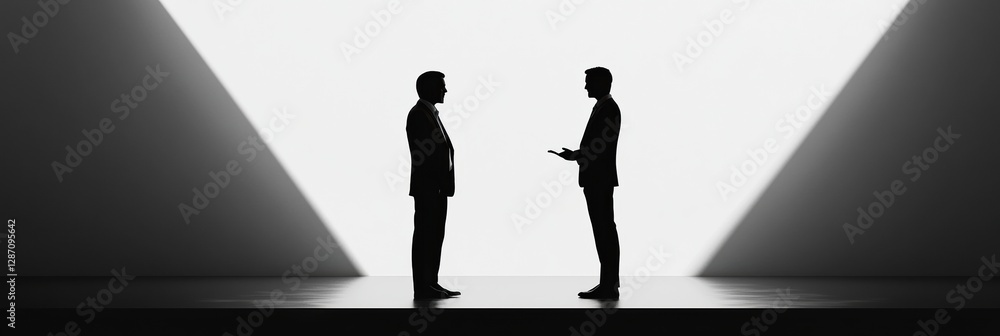 Aufkleber two business professionals engage in discussion against a light backdrop in a minimalistic setting. 