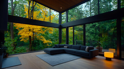 Modern living room autumn forest view