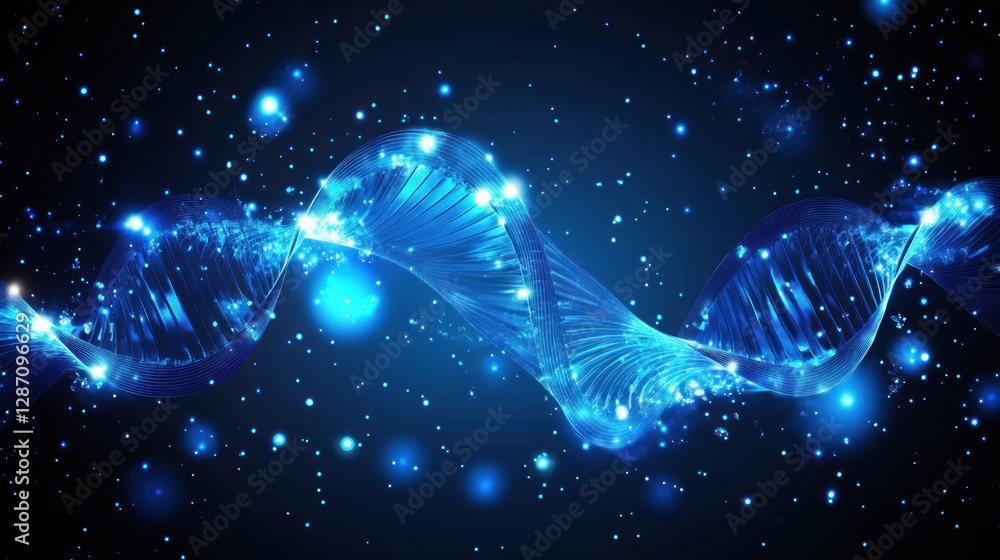 Poster molecular structure visualization with glowing blue strands and particles in a cosmic background, re