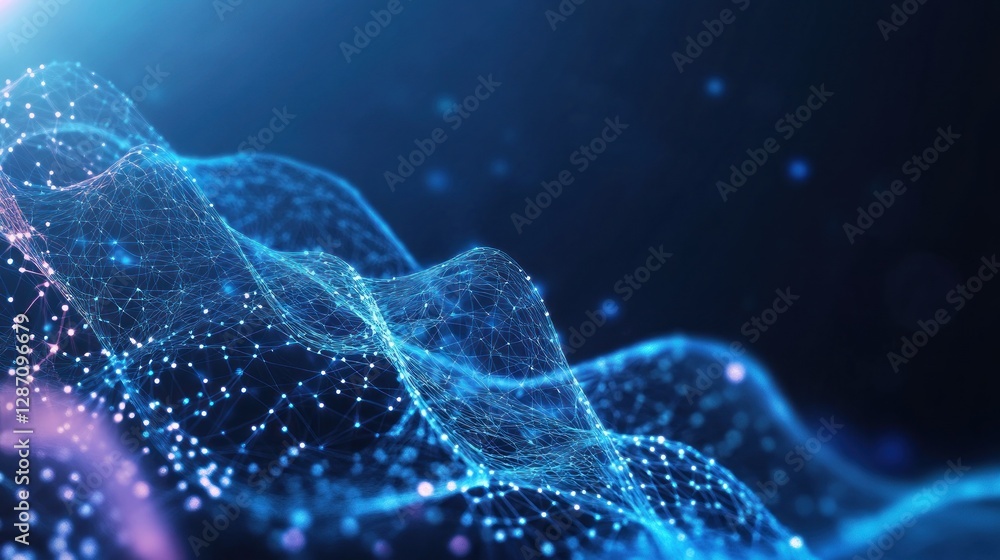 Poster dynamic blue wave patterns with glowing particles creating a sense of depth and movement in a digita