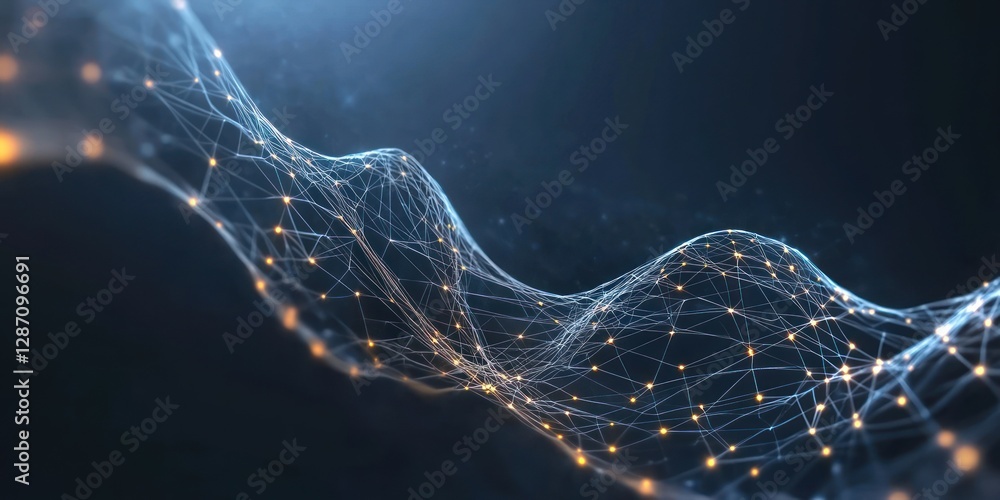 Poster digital wave of interconnected nodes and glowing particles illustrating data flow and technology inn