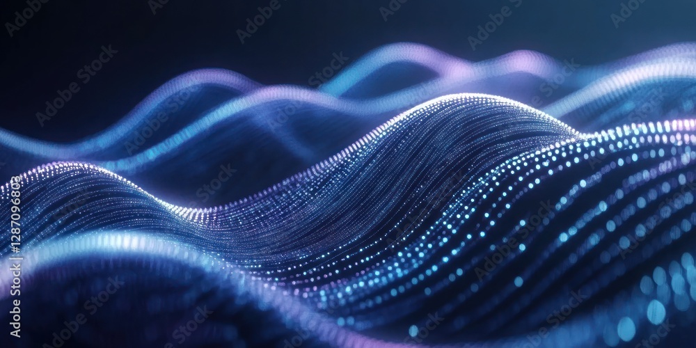 Poster digital waves of glowing particles create a mesmerizing visual effect in a futuristic landscape show