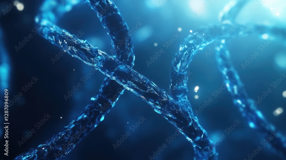 Poster molecular structure of dna strands illuminated by blue light, showcasing intricate details and patte