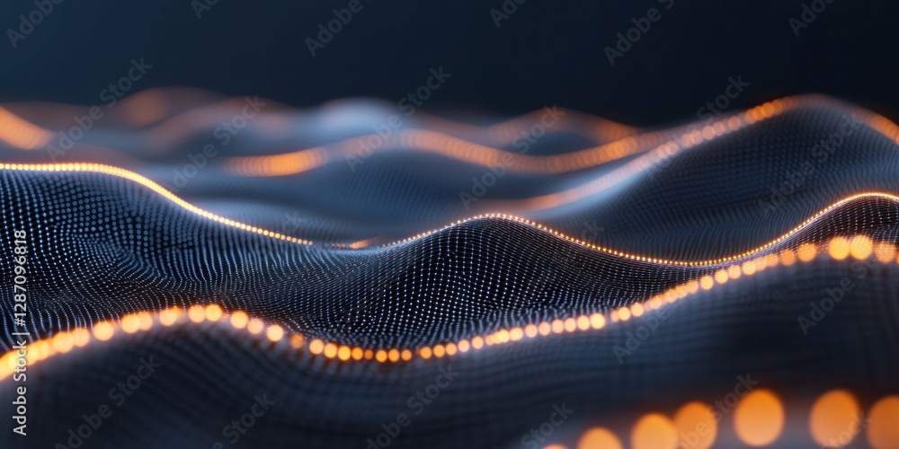Poster abstract digital waves with glowing lights creating a mesmerizing visual effect in a dark background