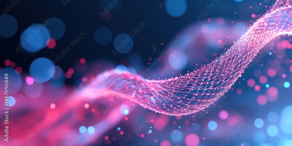 Poster colorful abstract wave pattern with glowing particles creating a dynamic visual effect in a digital 