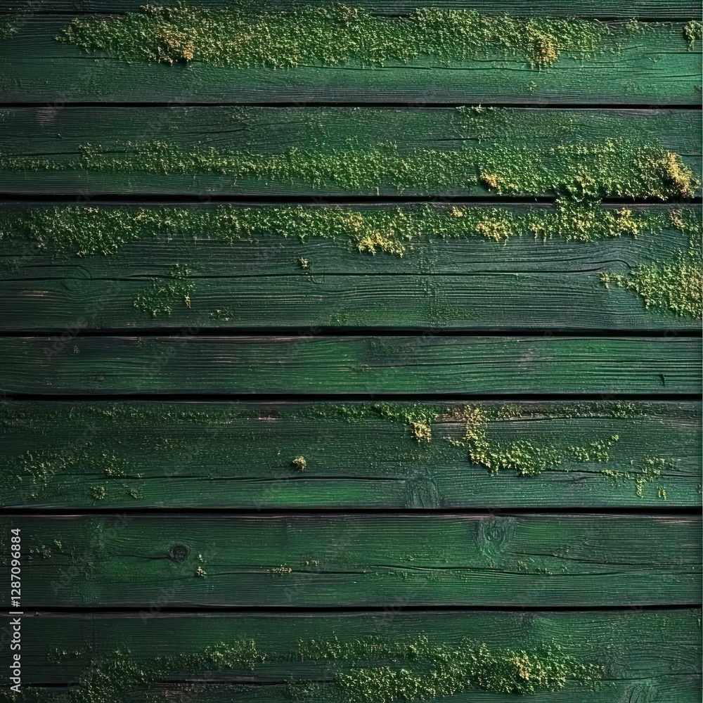 Poster weathered green wooden planks with moss and texture create a rustic backdrop for design projects, em