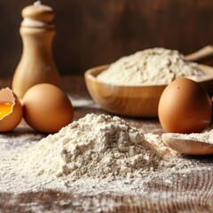 Fototapeta premium Flour, eggs, and salt arranged on a rustic wooden table, showcasing ingredients for baking, emphasizing culinary creativity and homemade cooking concept