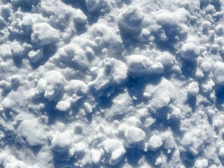 Natural fresh snow texture, snowballs close up, surface of snow crust in sunny day. Snowy...