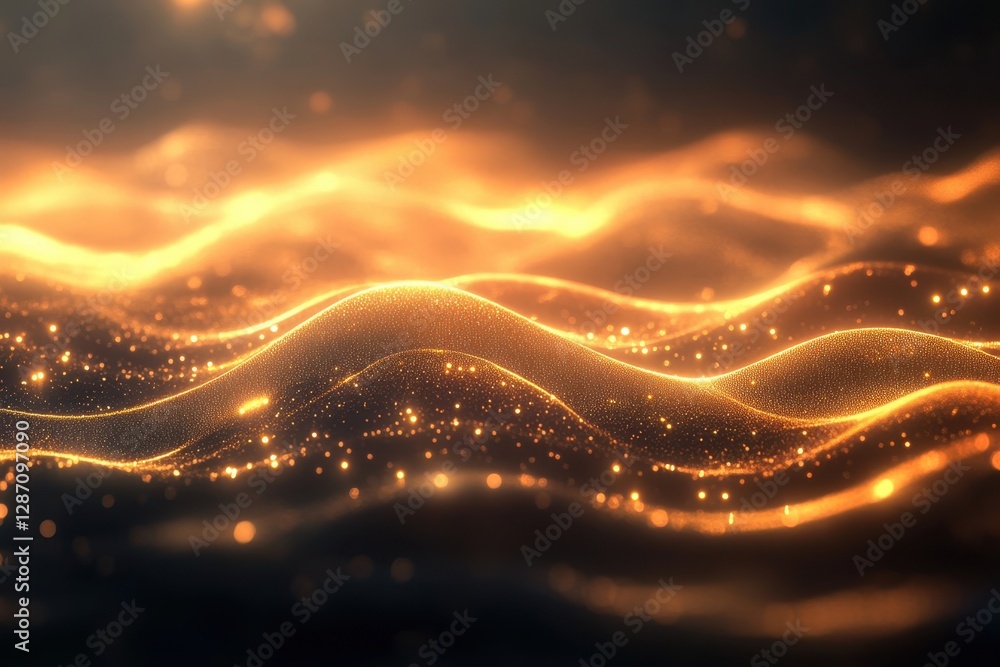 Poster glowing golden waves create a mesmerizing visual effect in a dark background