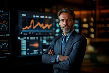 A businessman stands confidently with arms crossed in a contemporary office filled with financial graphs and data on screens