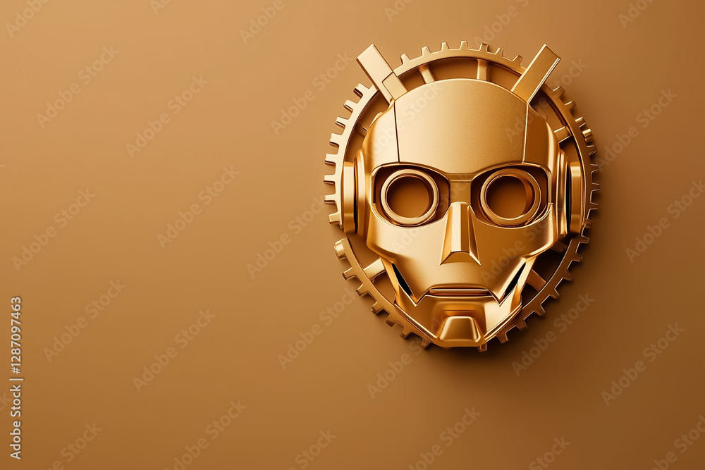 Poster golden robot head design with mechanical features stands against a seamless brown background represe
