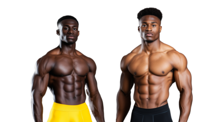 Two athletic men posing shirtless in yellow and black shorts, muscular bodies, transparent background
