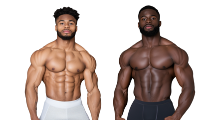 Two muscular men posing shirtless with toned physiques, isolated on transparent background