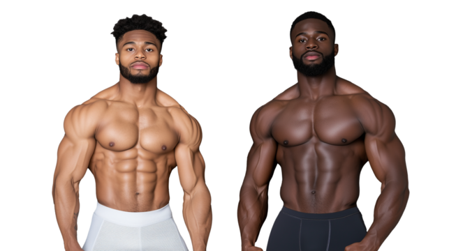 Two muscular men posing shirtless with toned physiques, isolated on transparent background