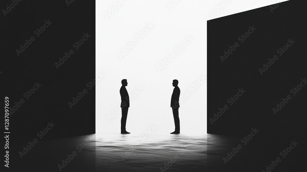 Aufkleber two men stand facing each other in a minimalist space with high contrast lighting during an abstract