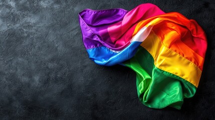Rainbow flag draped on dark background