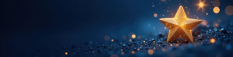 Golden star with sparkling particles in a dark blue background , shine, night, glow