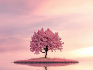 pink background of minimalist art and nature. It blends realism with surrealism through its use of vibrant colors and serene composition. The balance between the tree, the hill, and the water 