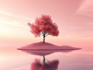 pink background of minimalist art and nature. It blends realism with surrealism through its use of vibrant colors and serene composition. The balance between the tree, the hill, and the water 
