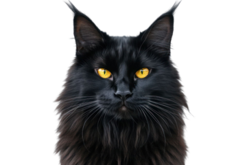 Portrait of black cat with golden eyes isolated on transparent background showing intense gaze and detailed fur texture