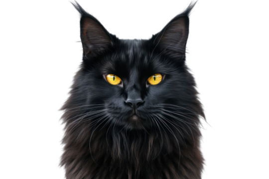 Portrait of black cat with golden eyes isolated on transparent background showing intense gaze and detailed fur texture