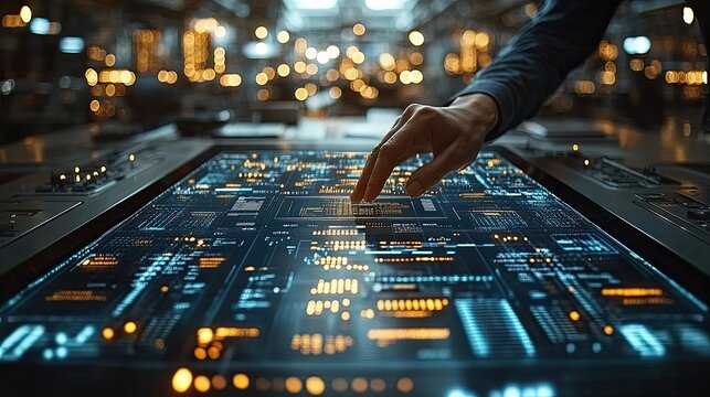 Person interacting with a futuristic digital interface using their fingertip - Powered by Adobe