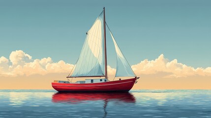 Fototapeta premium A Red Sailboat Gently Gliding On Calm Waters Amidst A Peaceful Sunset Sky With Puffy Clouds And A Reflective Ocean Surface Capturing Tranquility